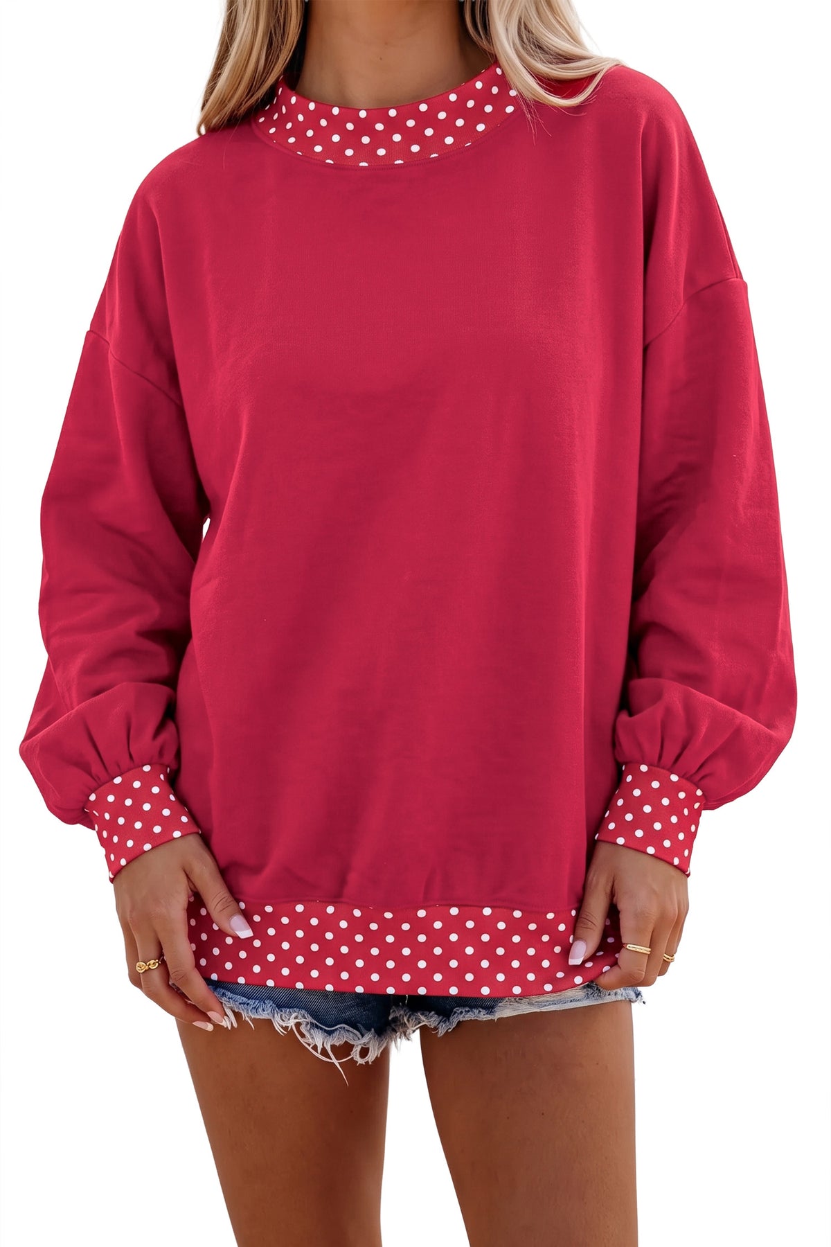 Racing Red Colorblock Polka Dot Contrast Trim Oversized Sweatshirt