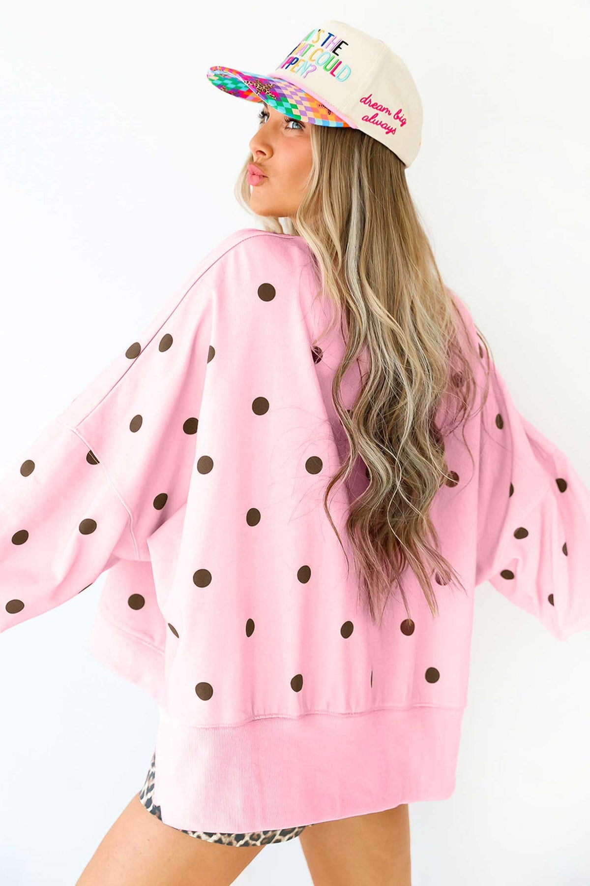Yellow Polka Dot Loose Long Sleeve Split Hem Pullover Top