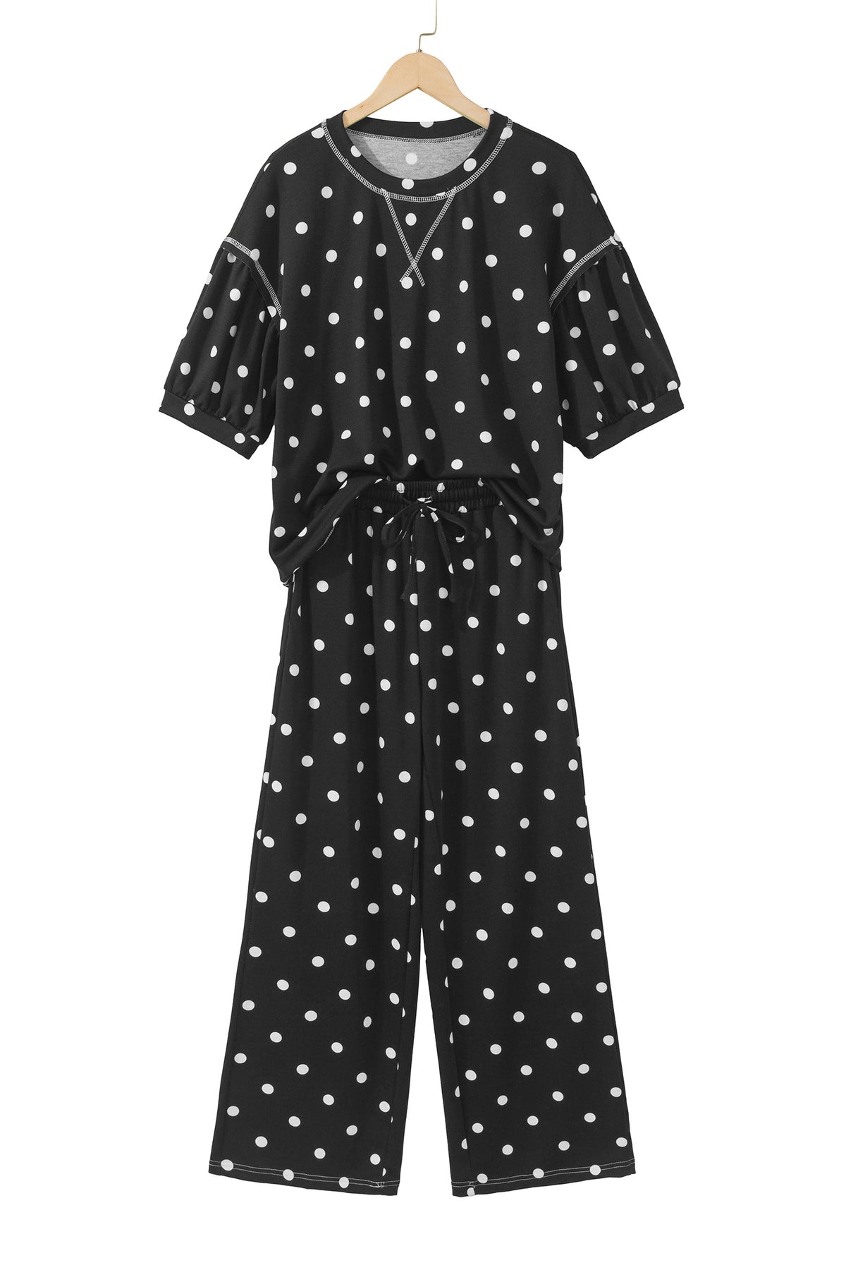 Beige Polka Dot Half Sleeve Loose Top Elastic Waist Casual Pants Set