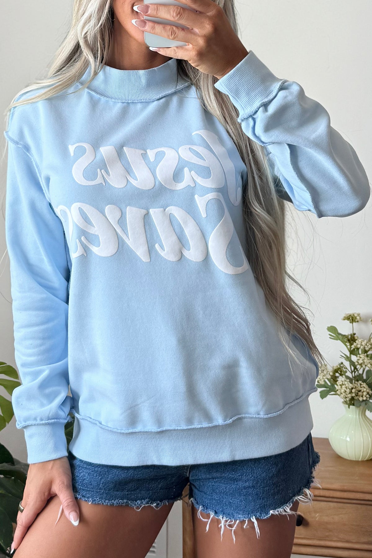Mist Blue Jesus Saves Slogan Print Stand Neck Baggy Sweatshirt