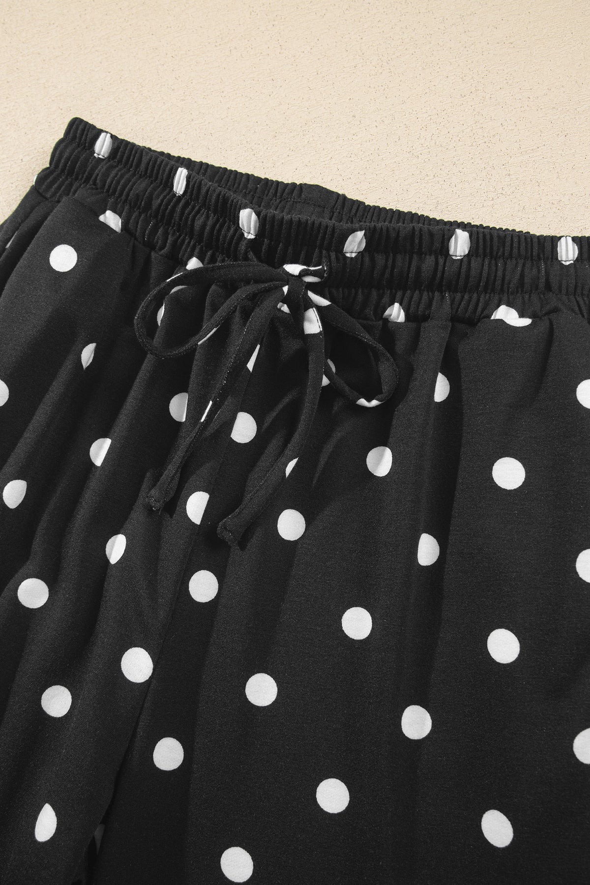 Beige Polka Dot Half Sleeve Loose Top Elastic Waist Casual Pants Set