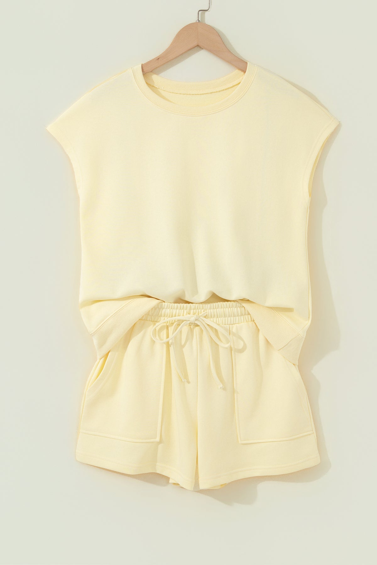 Yellow Cream Solid Color Tee Drawstring Shorts Comfy 2pcs Set
