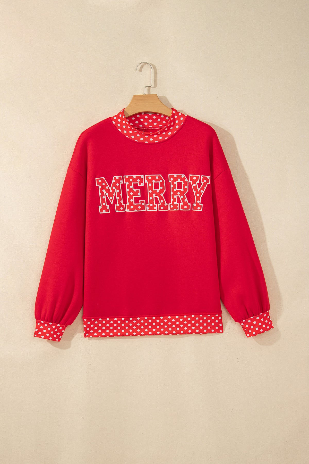 Grapefruit Orange Polka Dot Letter Print Contrast Trim Mock Neck Sweatshirt