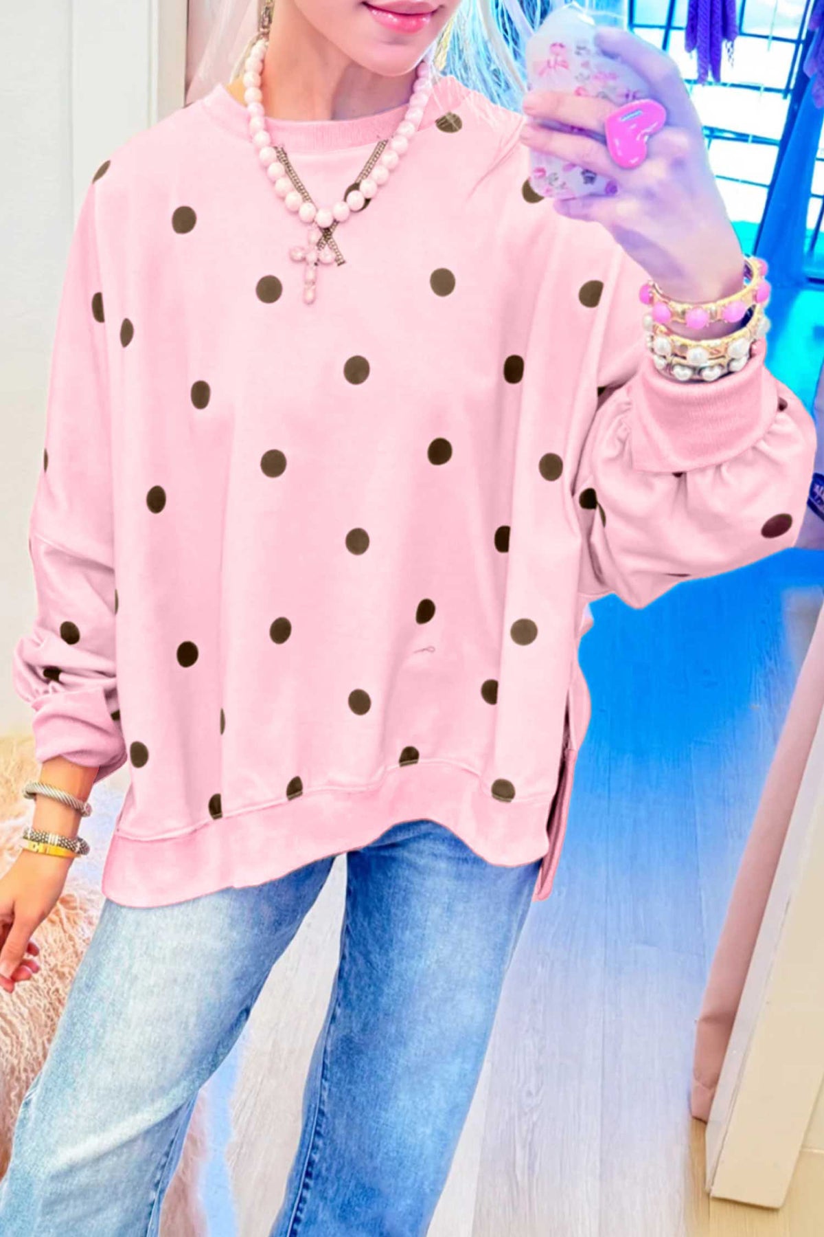Yellow Polka Dot Loose Long Sleeve Split Hem Pullover Top