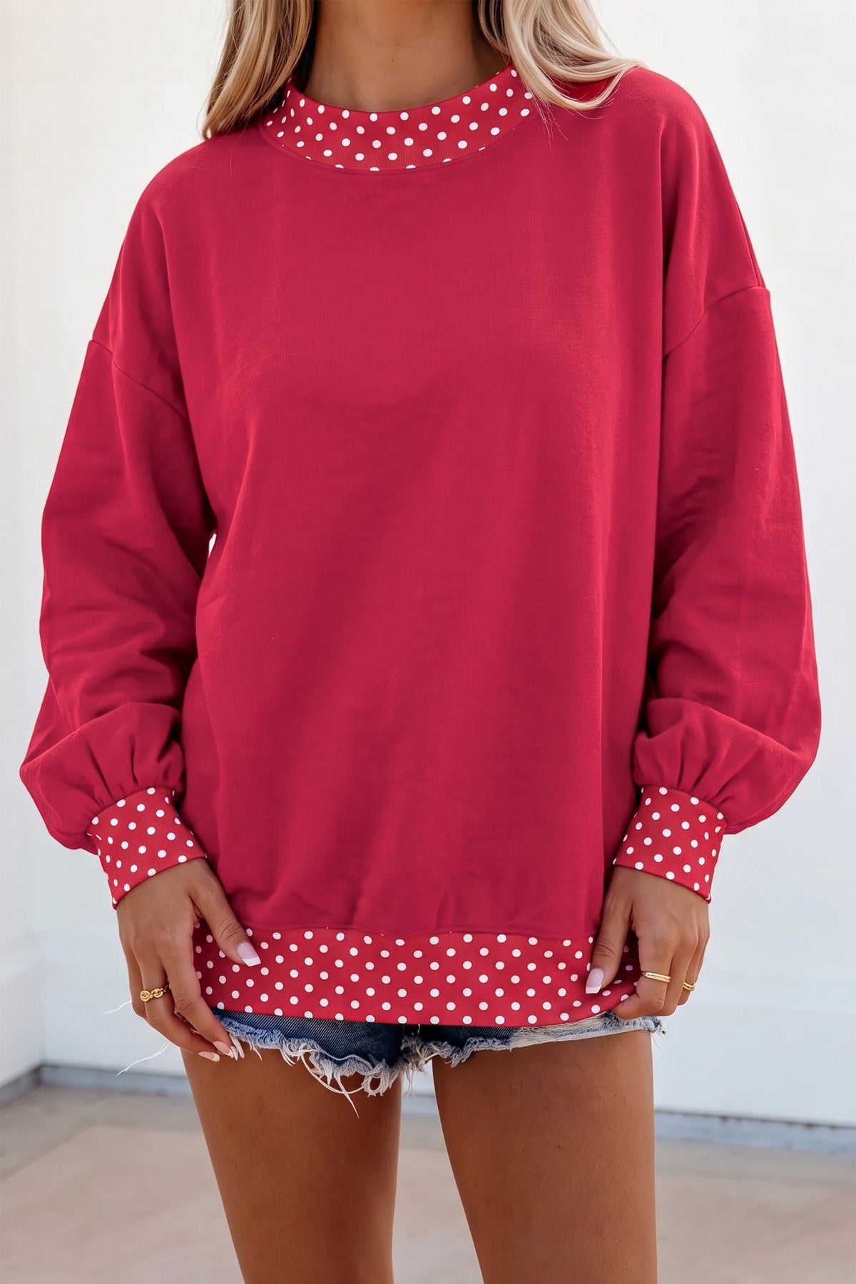 Racing Red Colorblock Polka Dot Contrast Trim Oversized Sweatshirt
