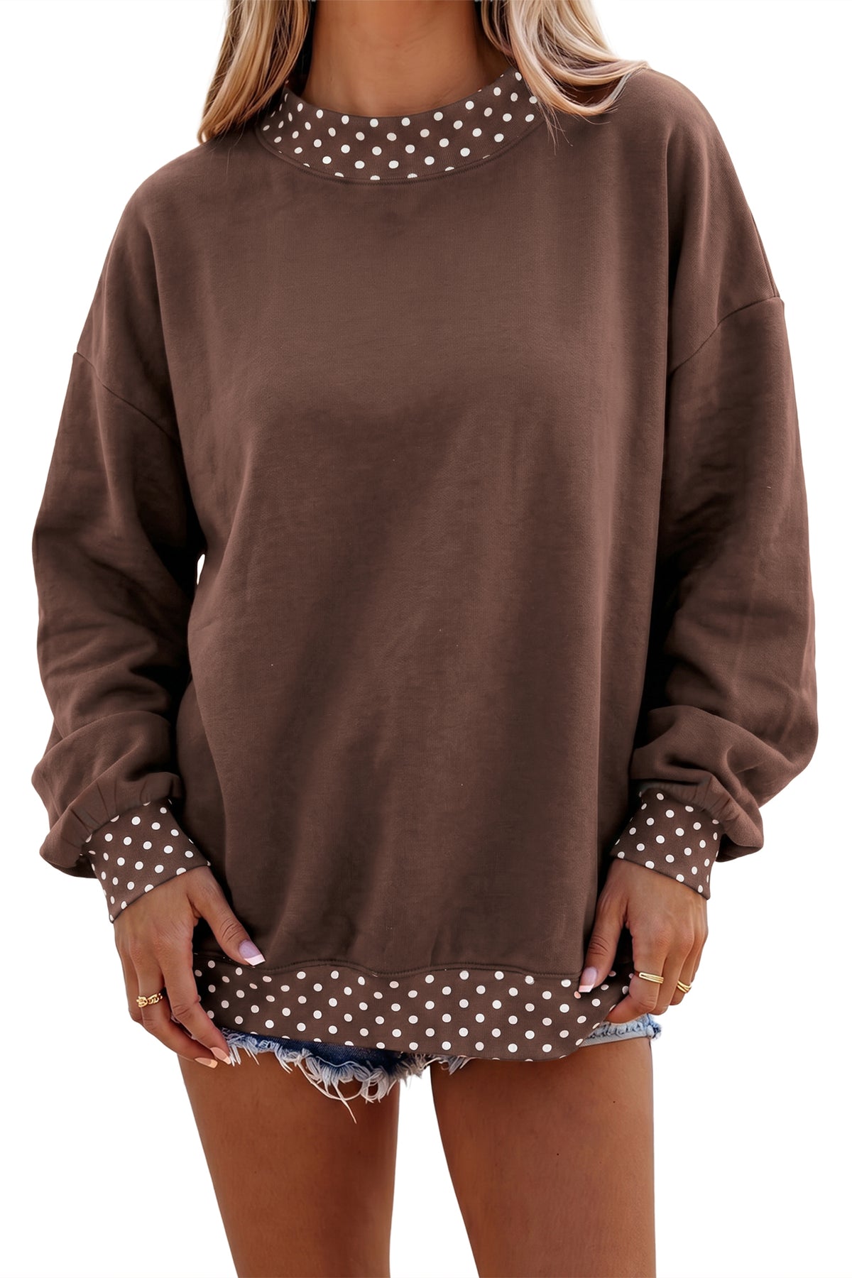 Racing Red Colorblock Polka Dot Contrast Trim Oversized Sweatshirt