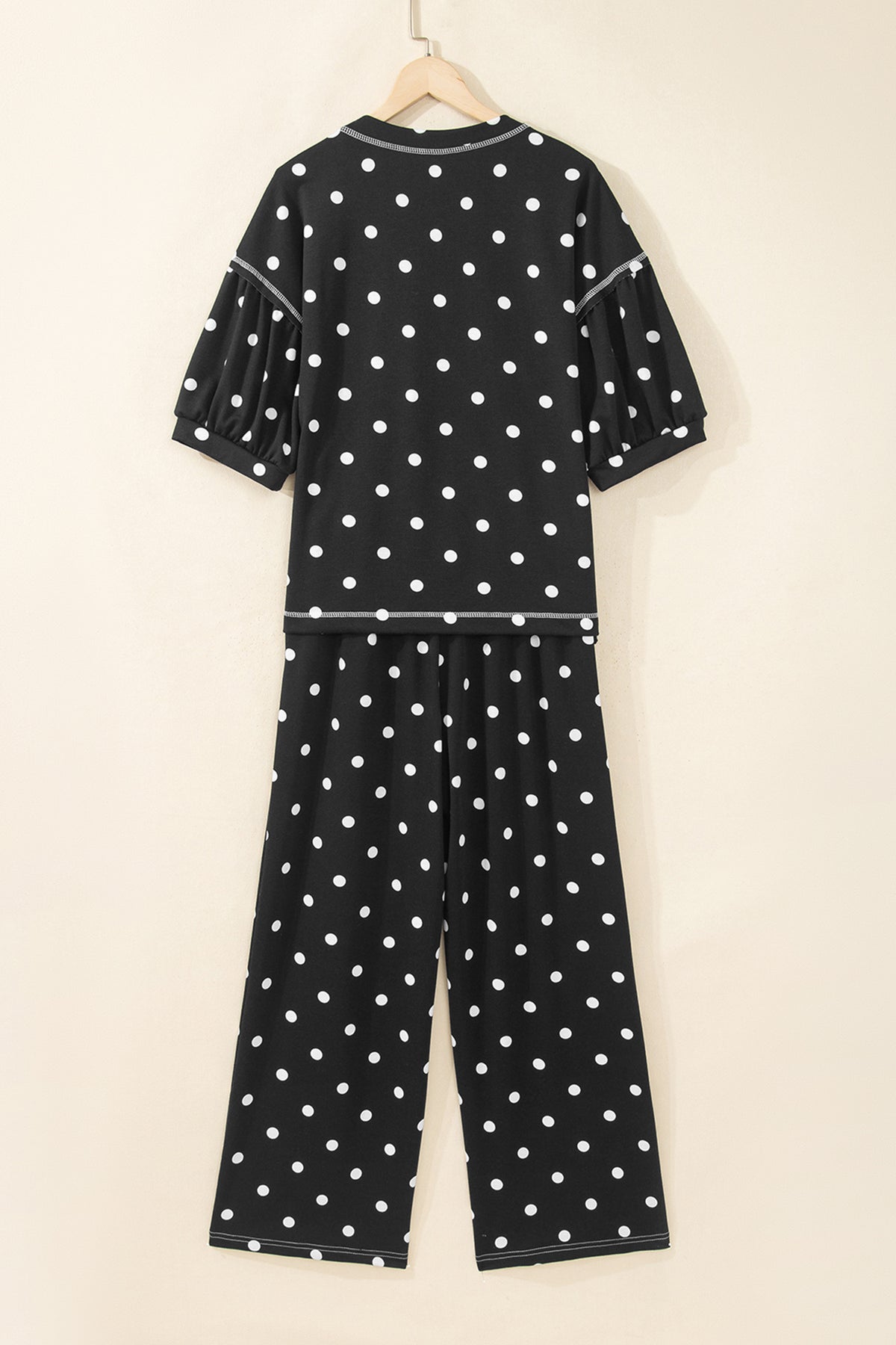 Beige Polka Dot Half Sleeve Loose Top Elastic Waist Casual Pants Set