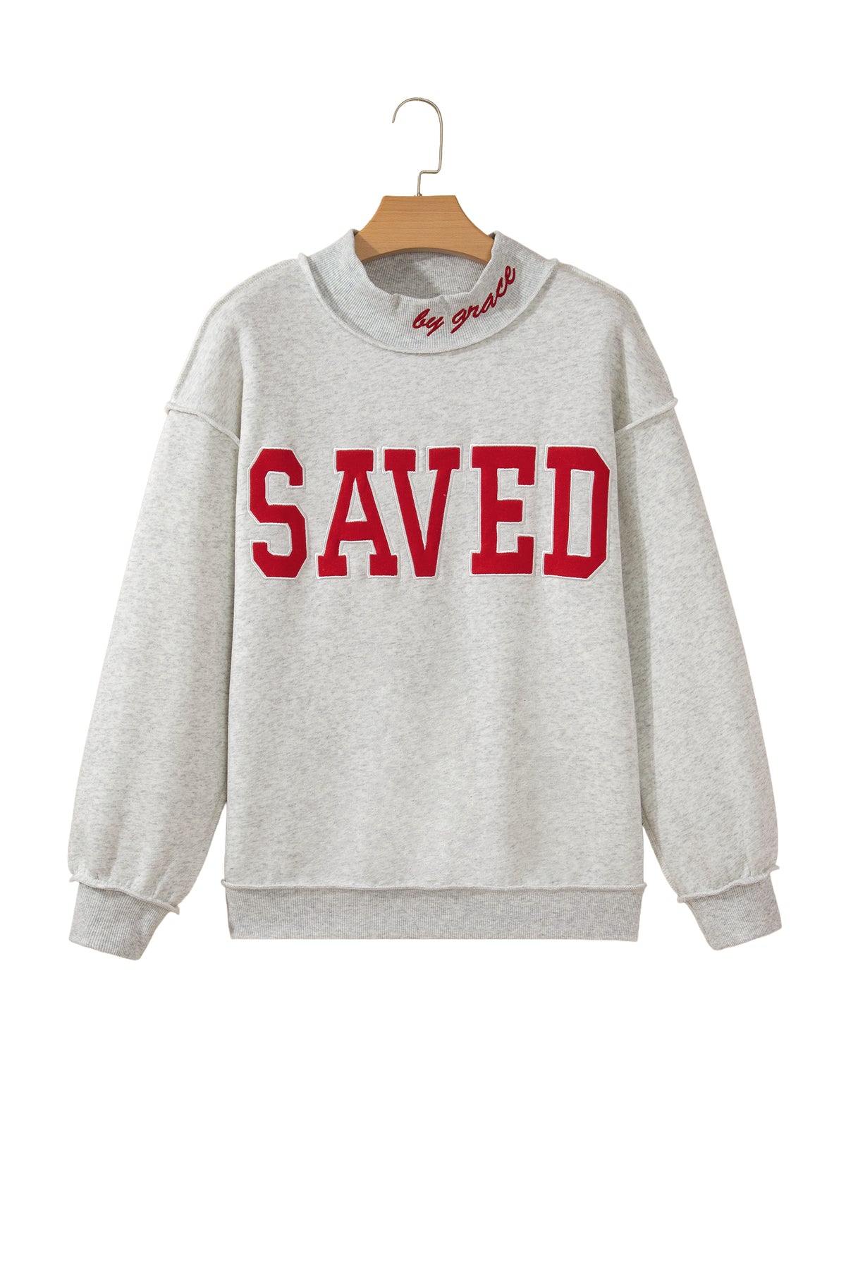Gray Saved By Grace Embroidered Detail Letter Graphic High Neck Sweatshirt