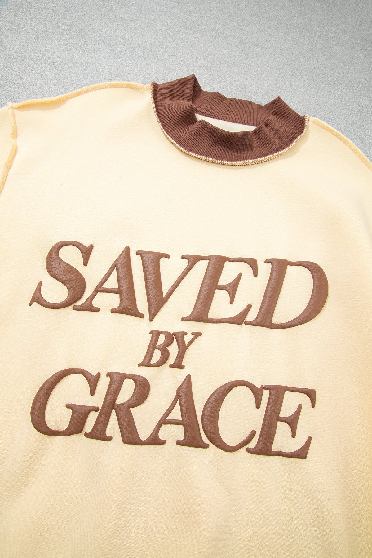 Beige Saved By Grace Print Color Block Mock Neck Oversized Sweatshirt
