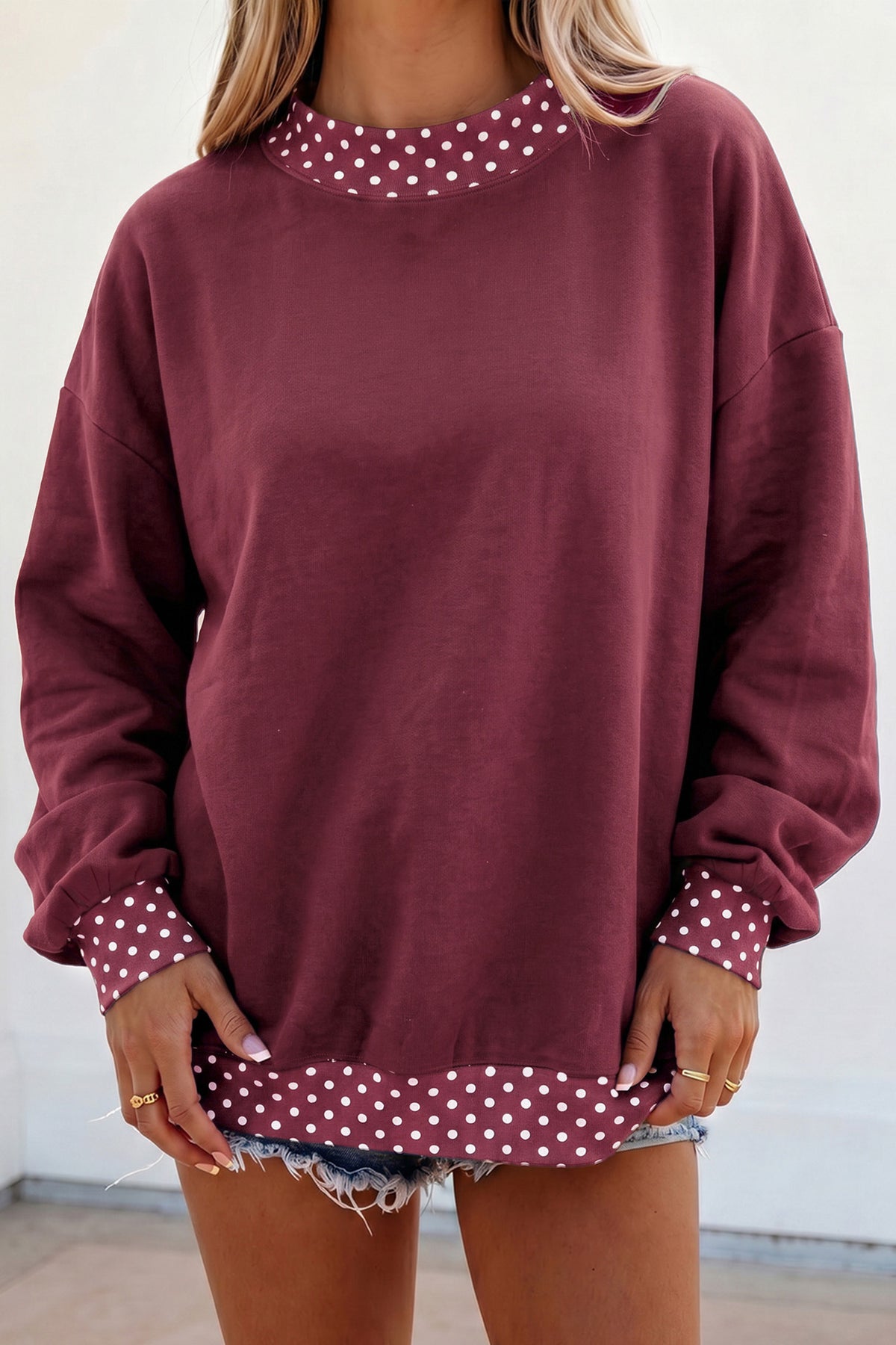 Racing Red Colorblock Polka Dot Contrast Trim Oversized Sweatshirt