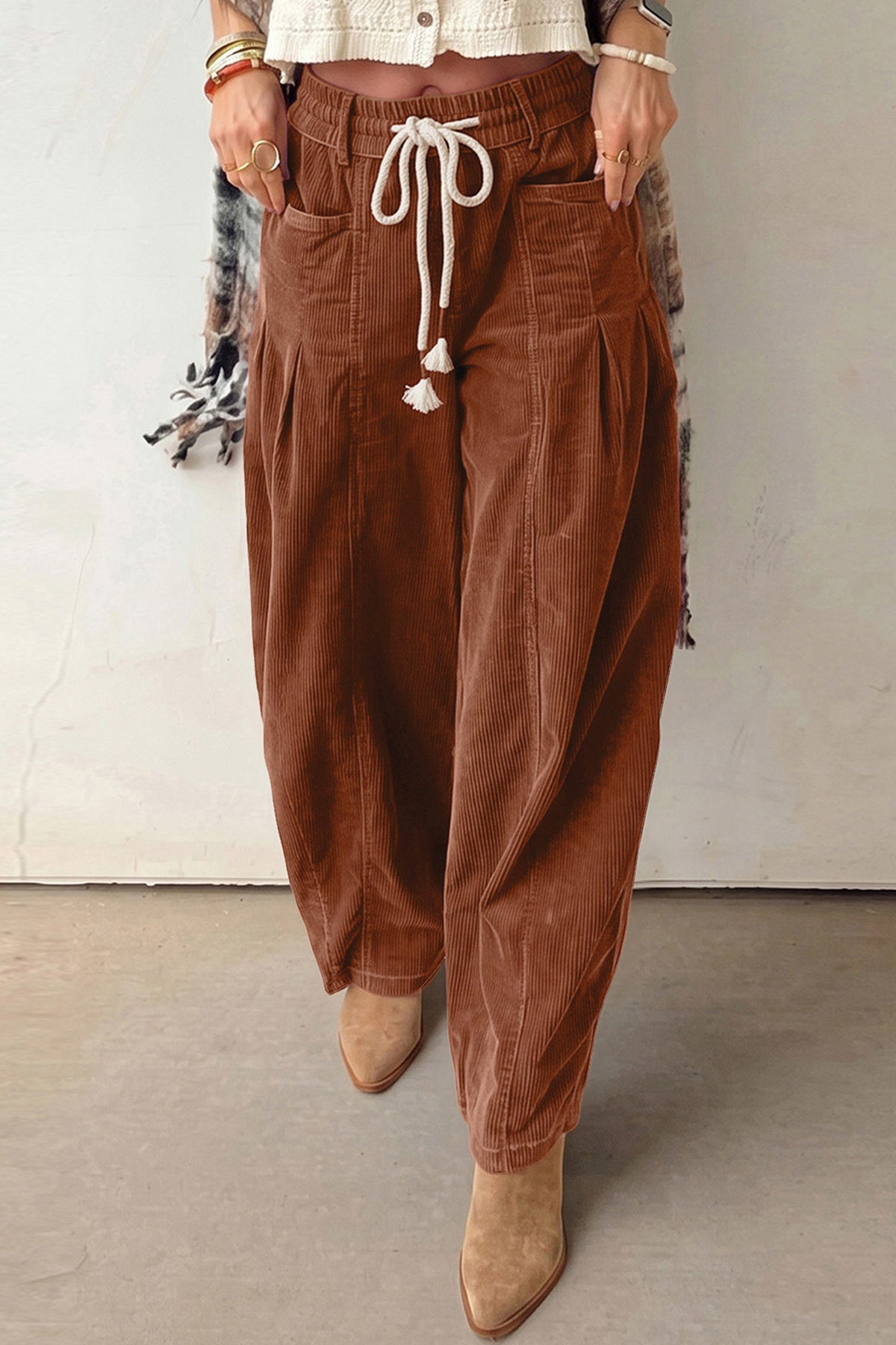 Racing Red Elastic Waist Drawstring Corduroy Casual Pants
