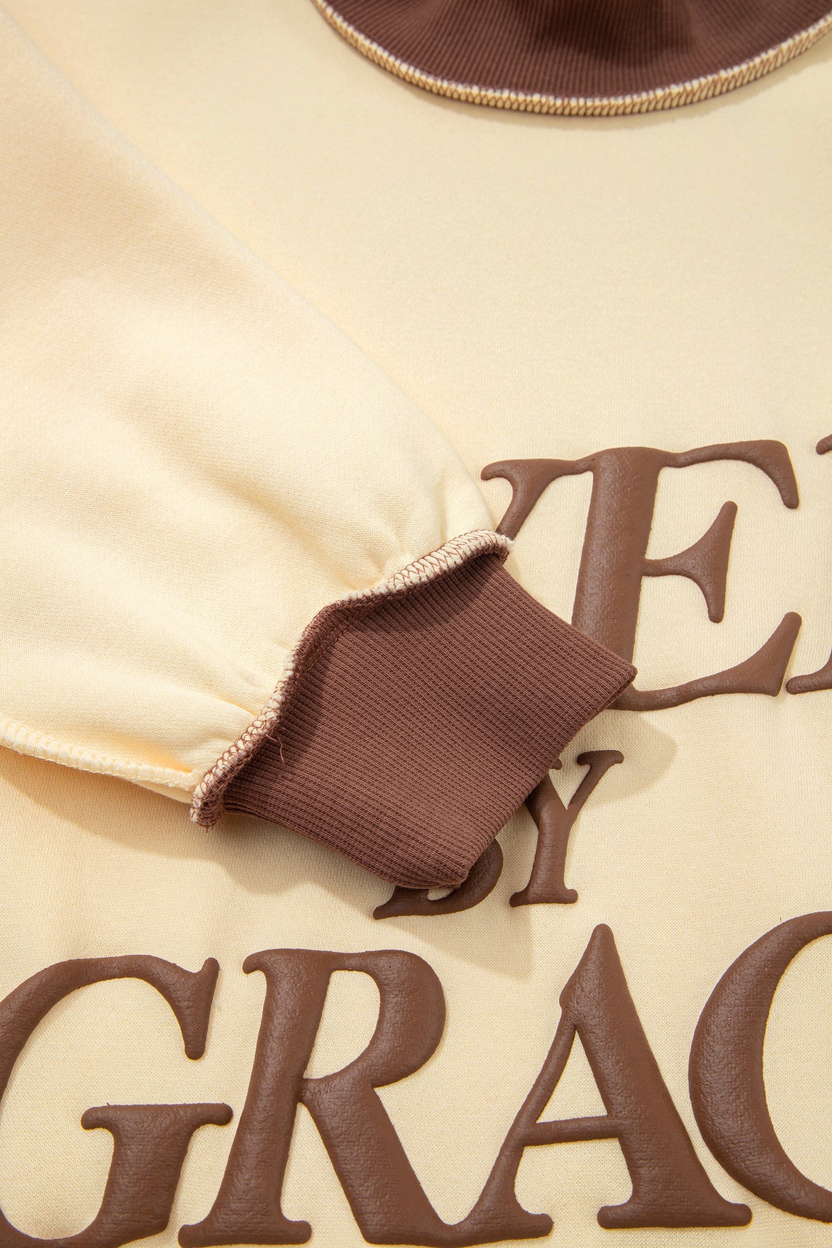 Beige Saved By Grace Print Color Block Mock Neck Oversized Sweatshirt
