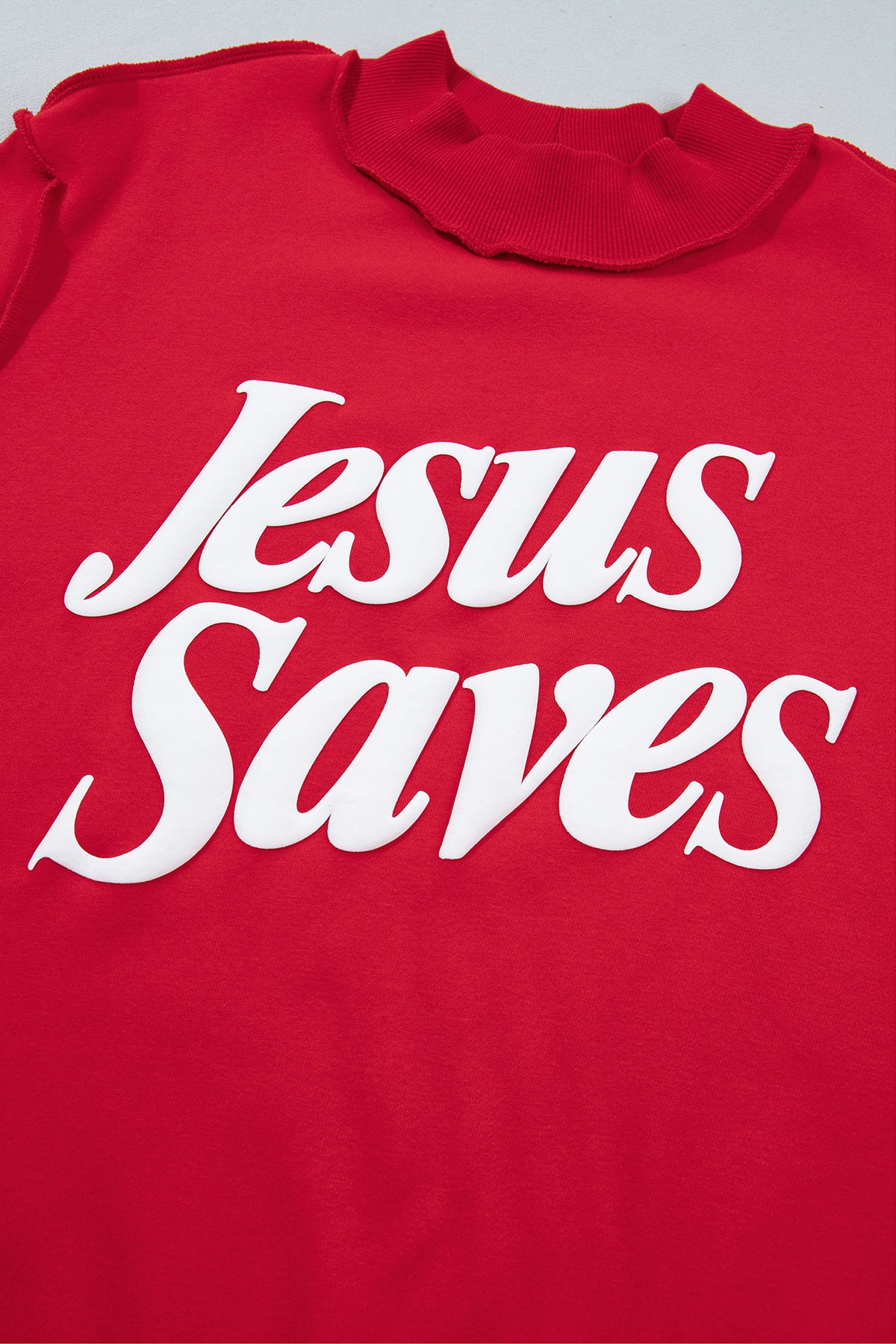 Mist Blue Jesus Saves Slogan Print Stand Neck Baggy Sweatshirt