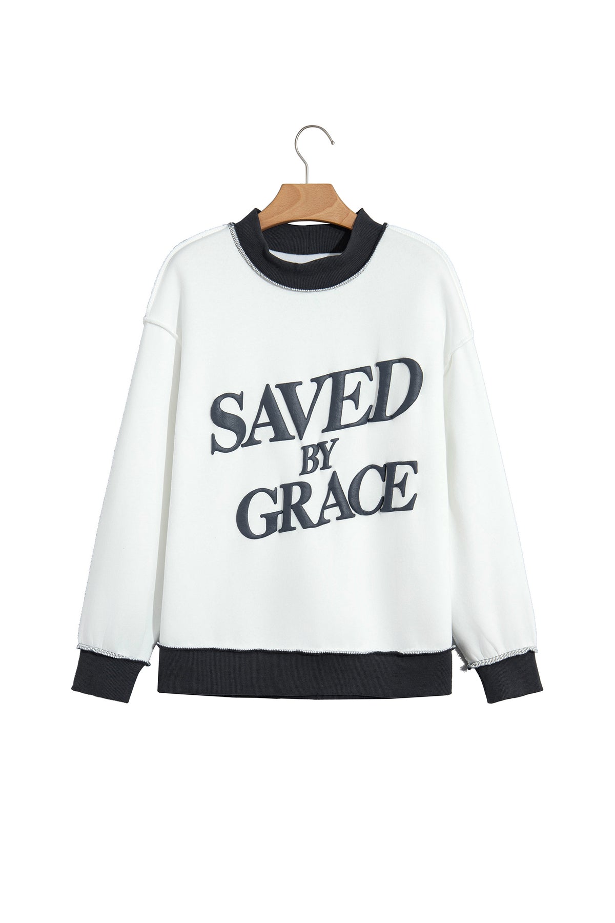 Beige Saved By Grace Print Color Block Mock Neck Oversized Sweatshirt