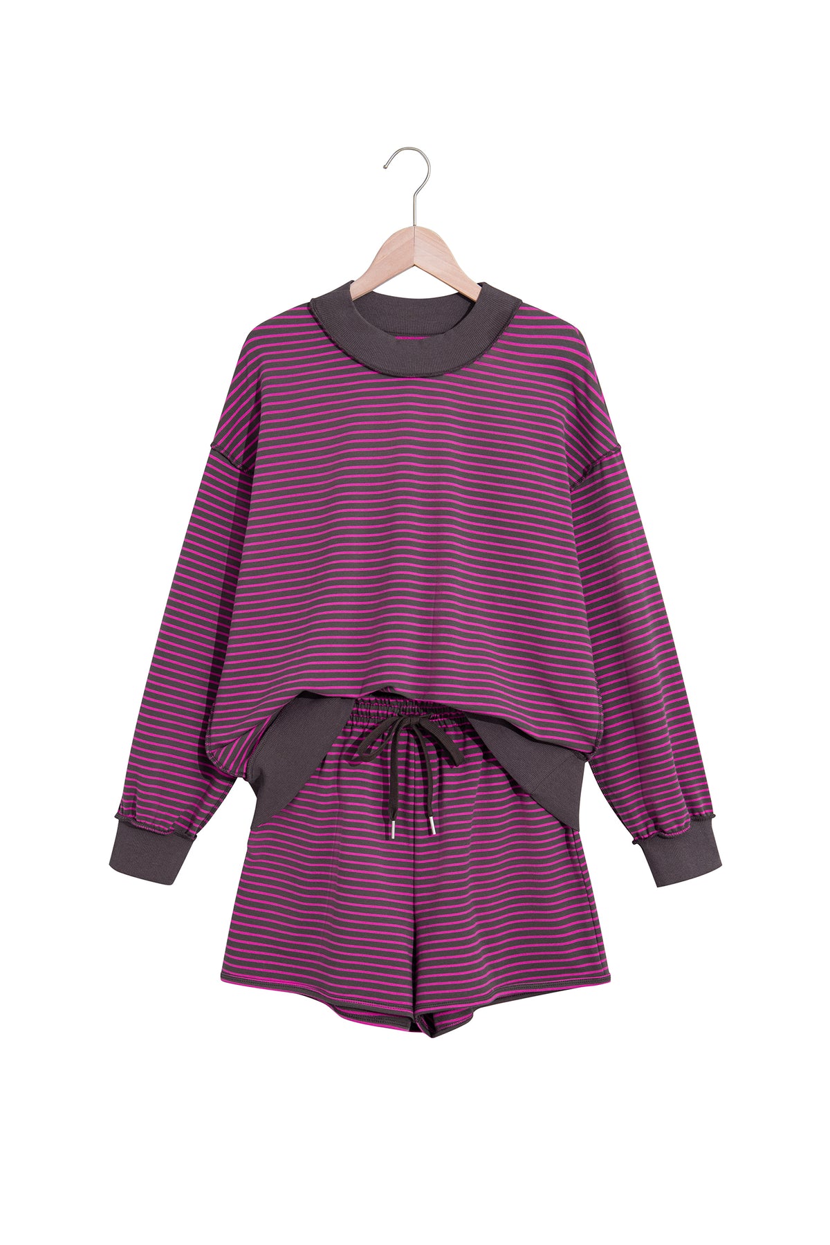 Pink Stripe Ribbed Patchwork Mock Neck Baggy Pullover Matching Shorts Set