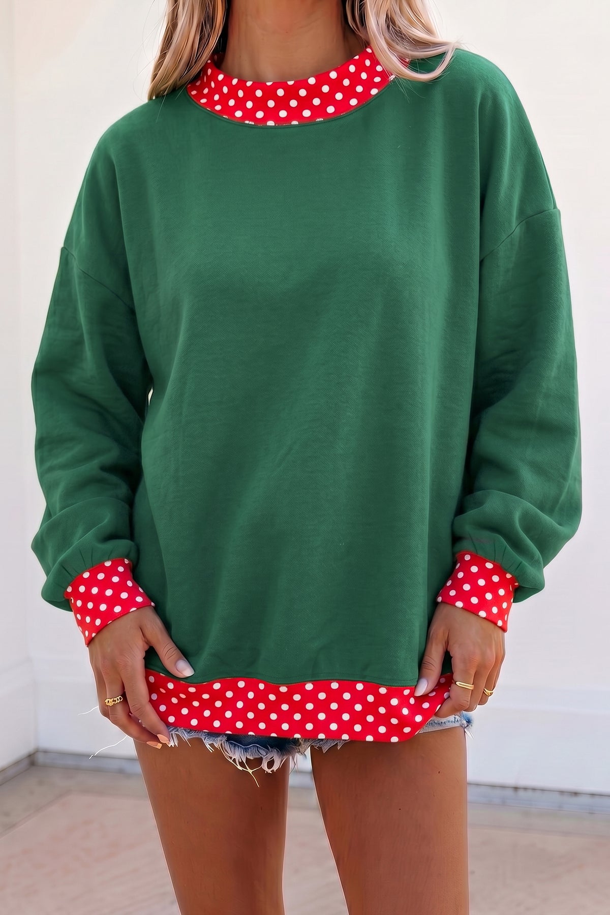 Racing Red Colorblock Polka Dot Contrast Trim Oversized Sweatshirt