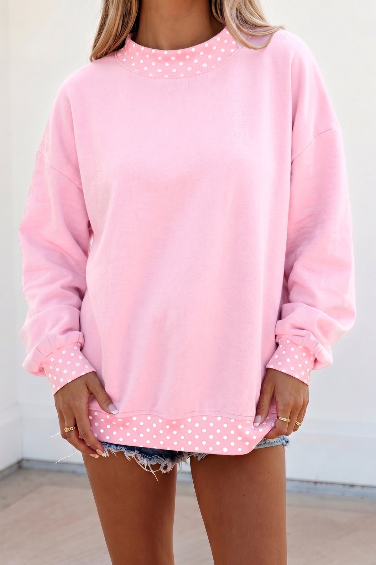 Racing Red Colorblock Polka Dot Contrast Trim Oversized Sweatshirt