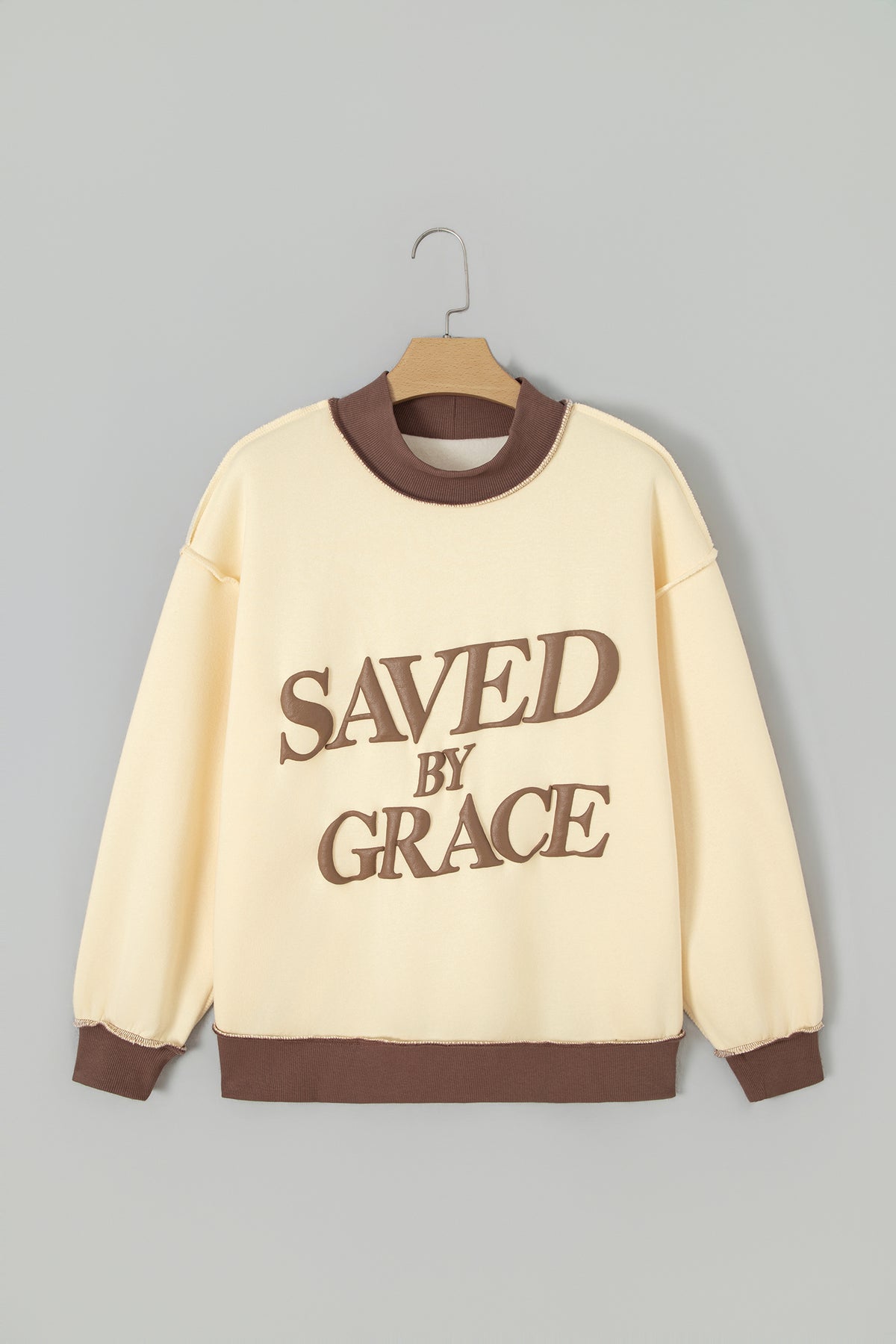 Beige Saved By Grace Print Color Block Mock Neck Oversized Sweatshirt