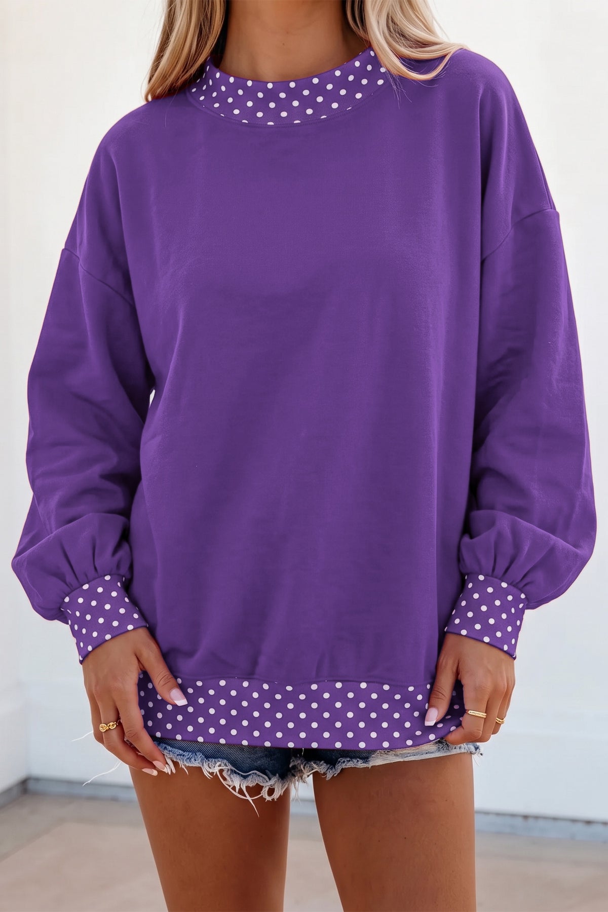 Racing Red Colorblock Polka Dot Contrast Trim Oversized Sweatshirt