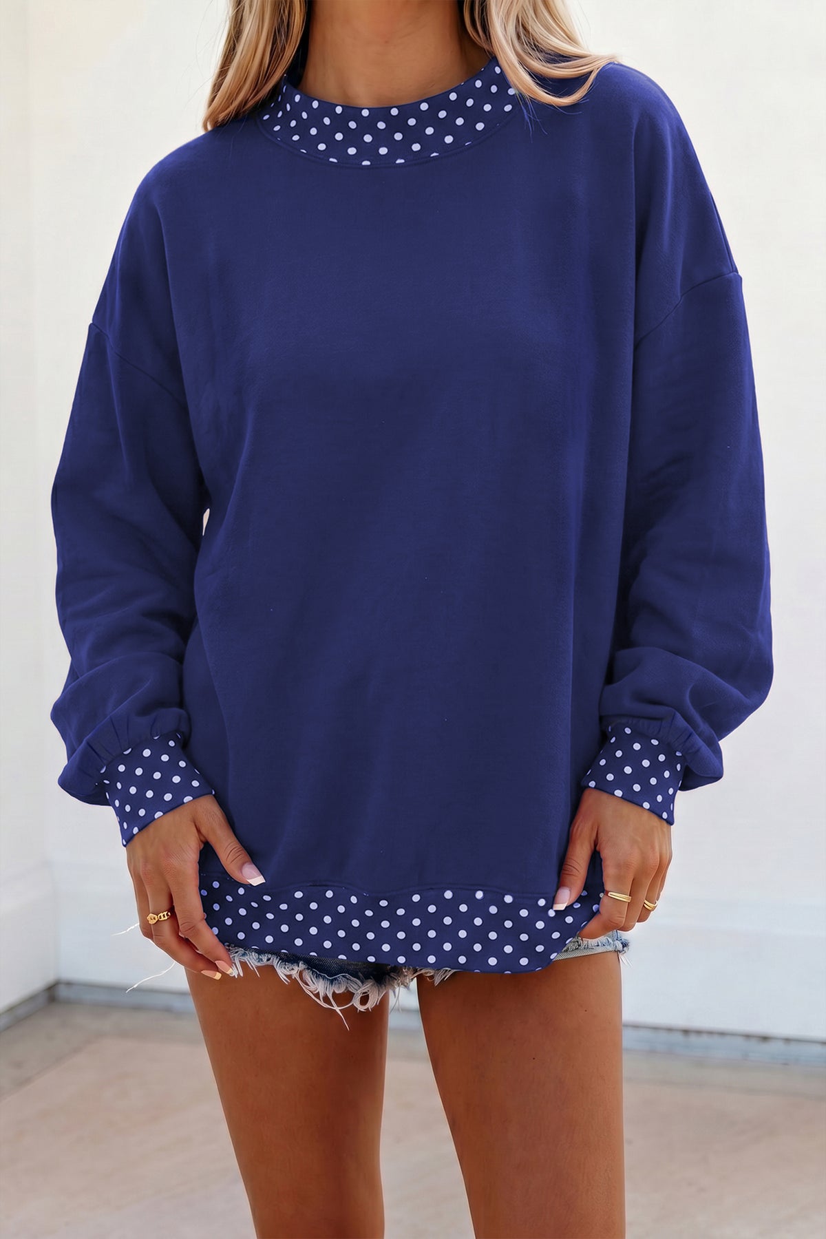 Racing Red Colorblock Polka Dot Contrast Trim Oversized Sweatshirt
