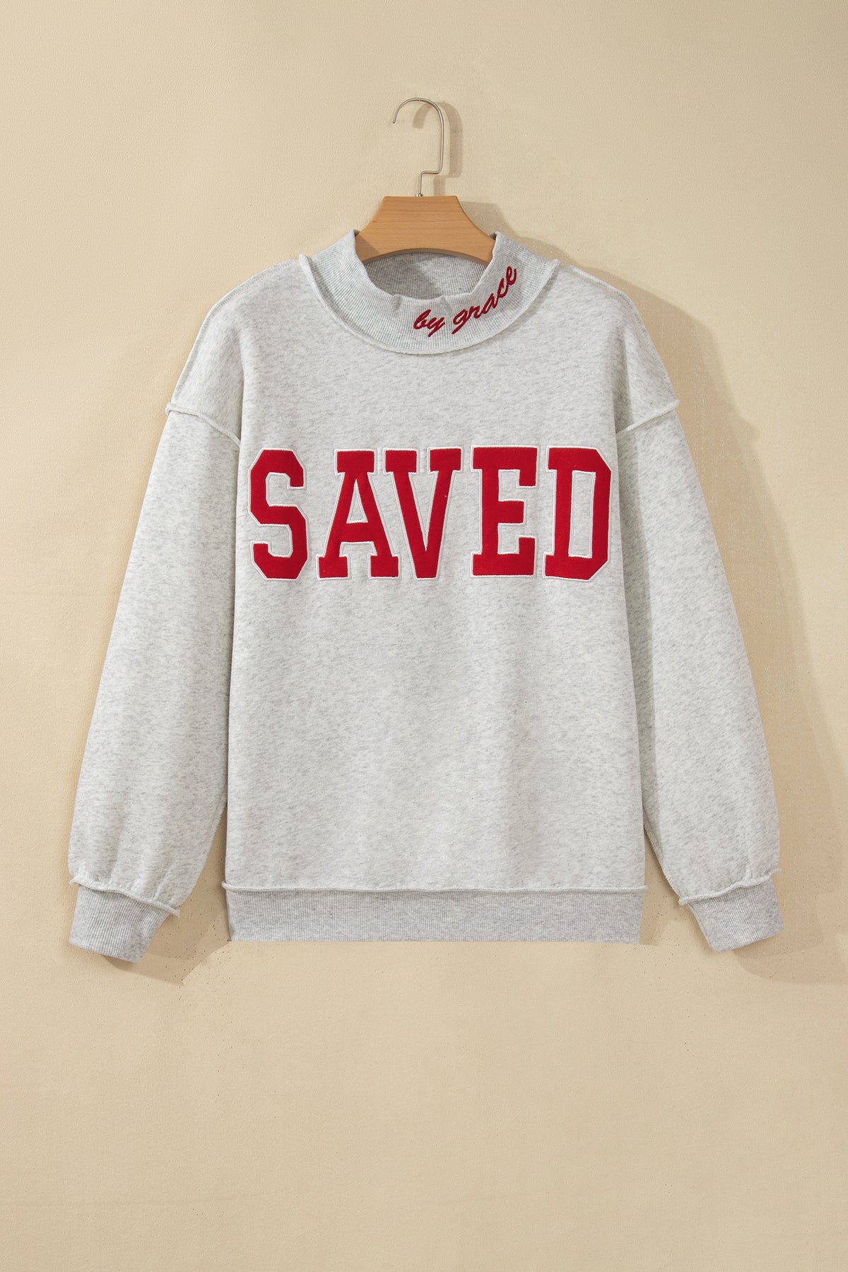 Gray Saved By Grace Embroidered Detail Letter Graphic High Neck Sweatshirt