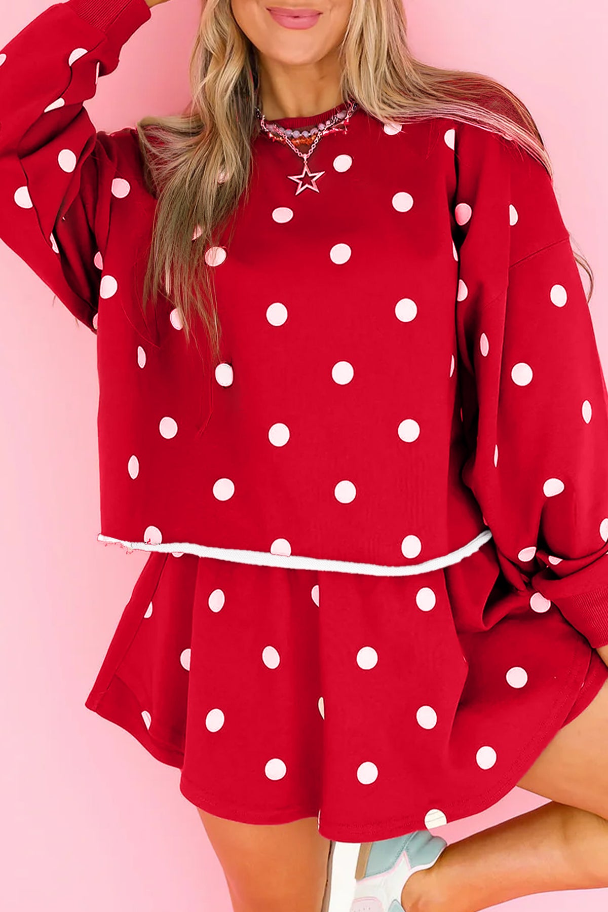 Brown Polka Dot Raw Hem Relaxed Pullover Loose Skort Two Piece Set