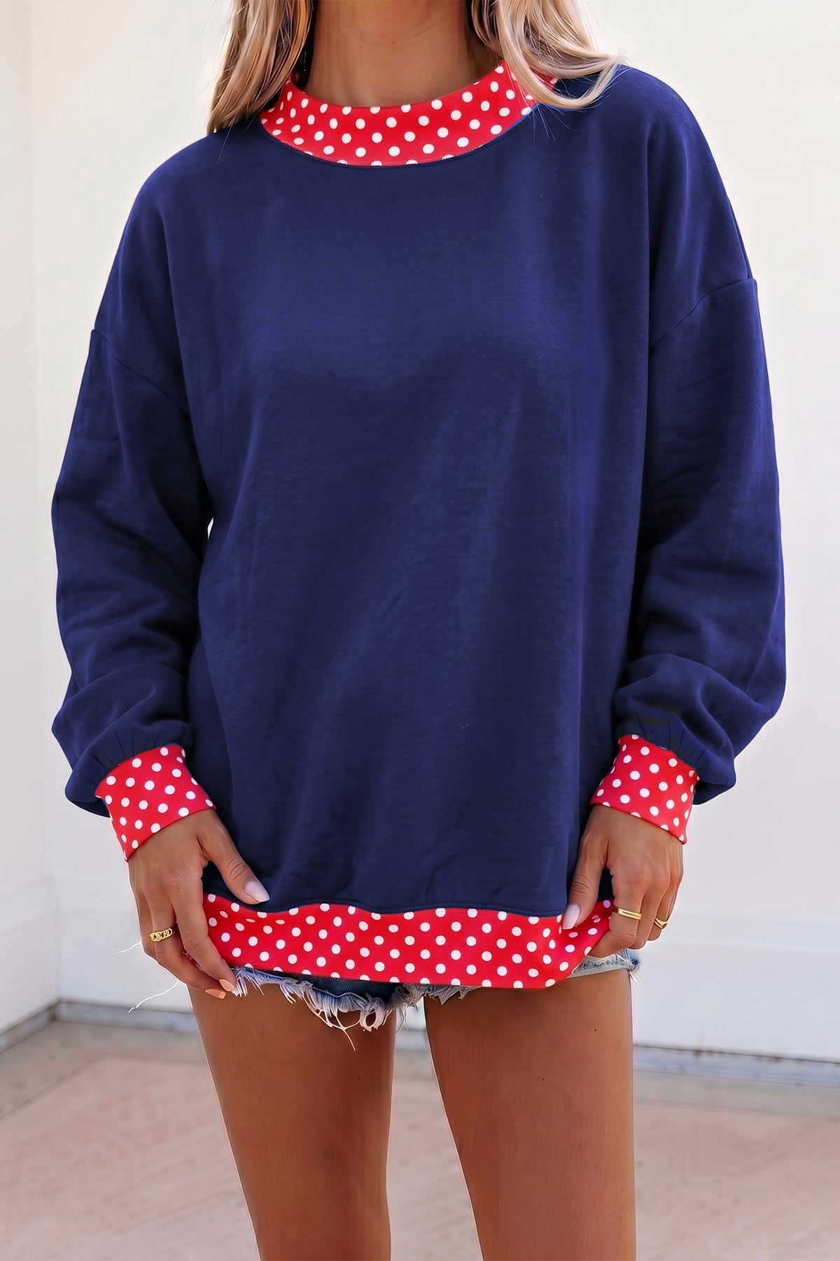 Racing Red Colorblock Polka Dot Contrast Trim Oversized Sweatshirt