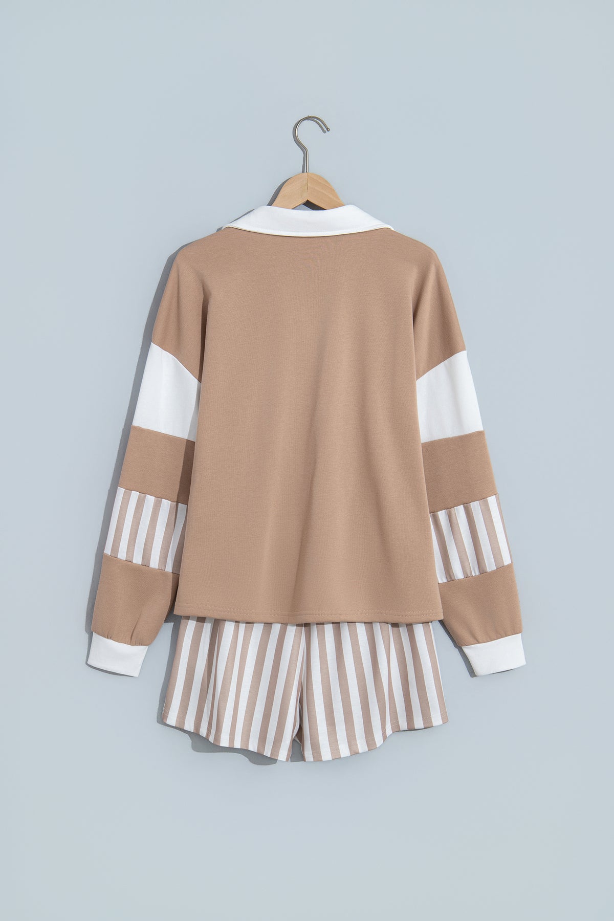 Smoke Green Striped Color Block Pullover Top Drawstring Shorts Set