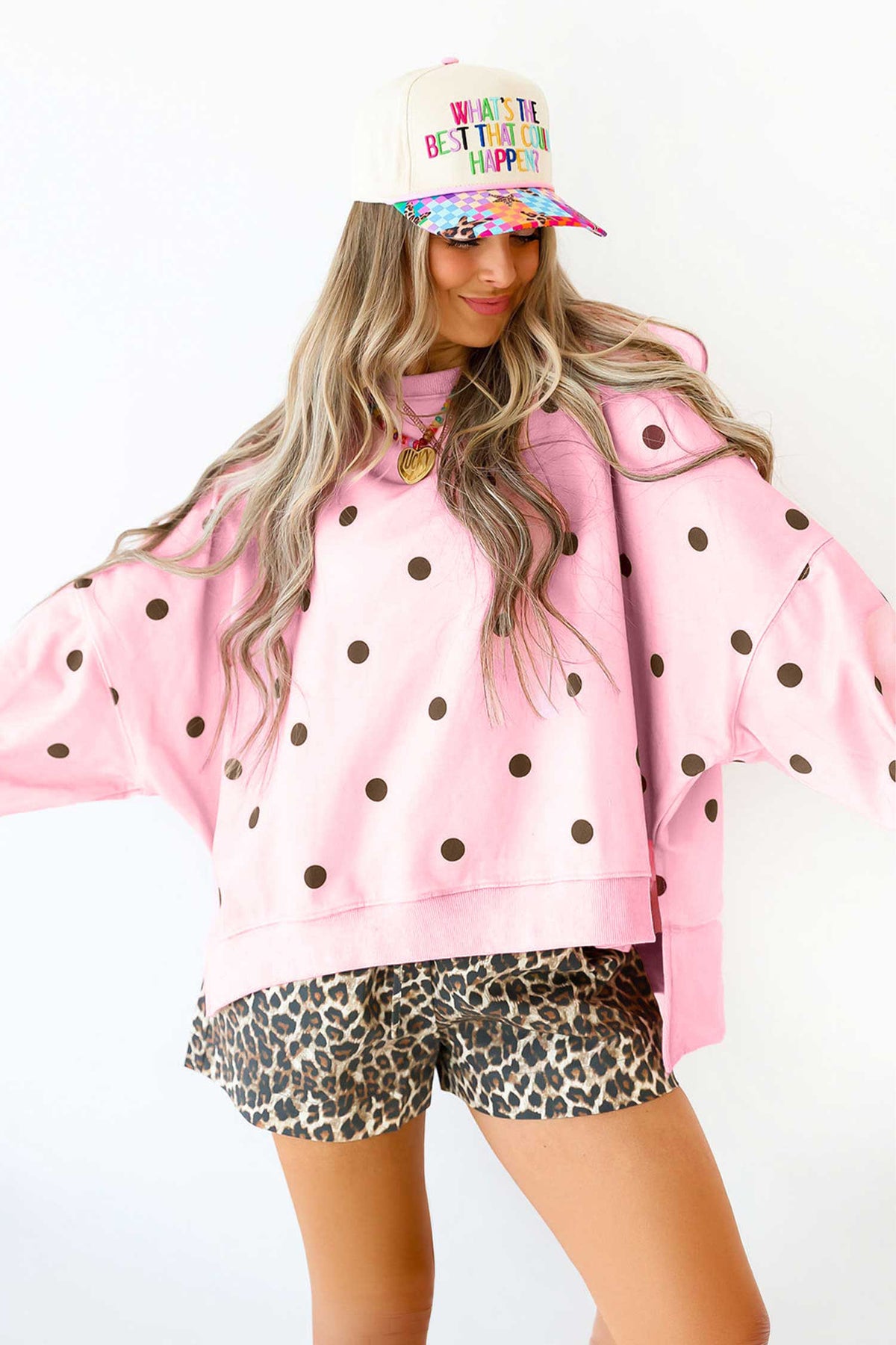 Yellow Polka Dot Loose Long Sleeve Split Hem Pullover Top
