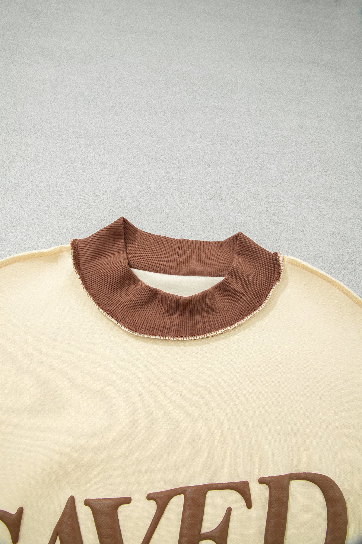 Beige Saved By Grace Print Color Block Mock Neck Oversized Sweatshirt