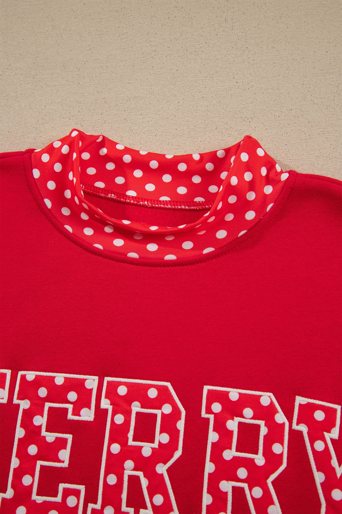 Grapefruit Orange Polka Dot Letter Print Contrast Trim Mock Neck Sweatshirt