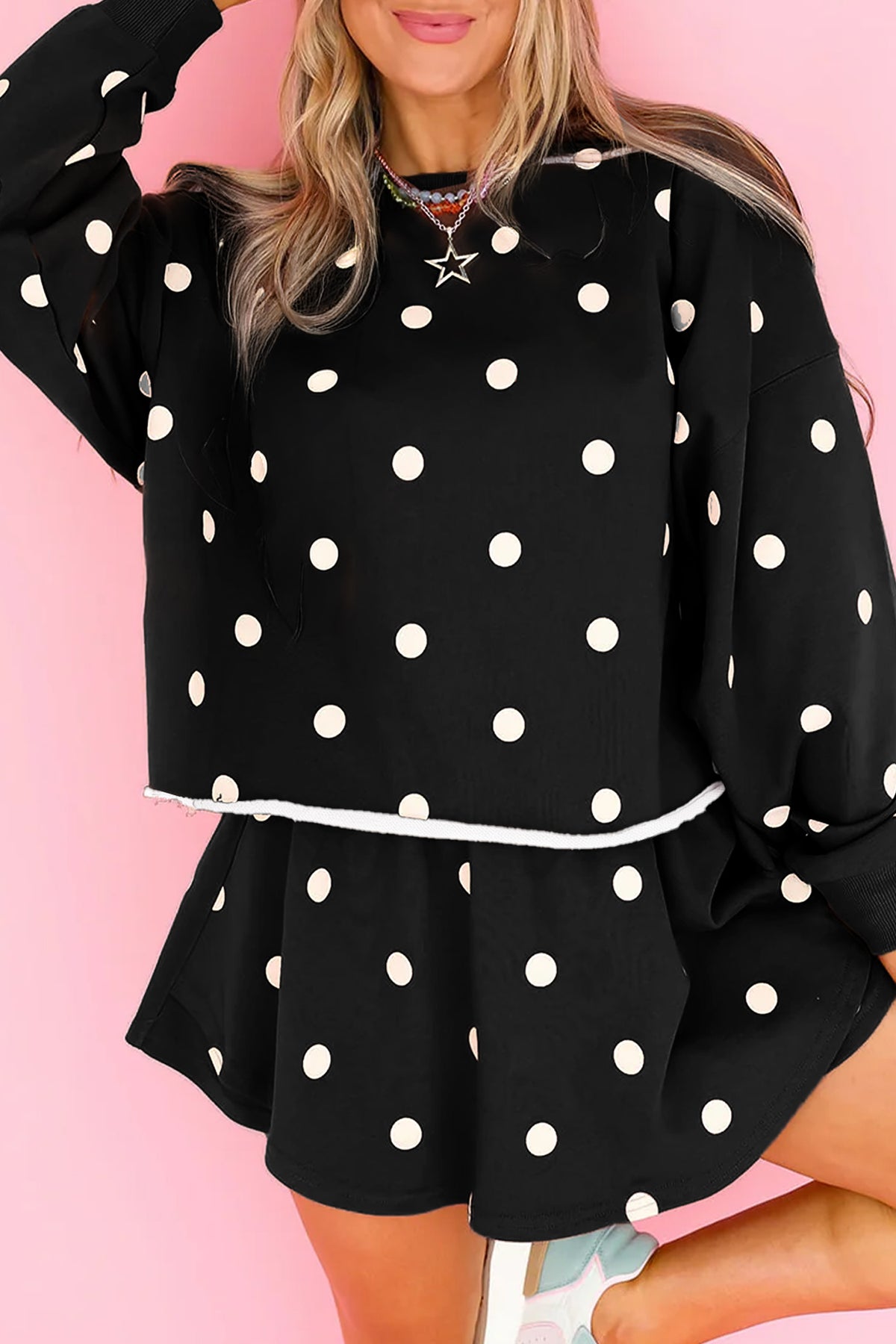 Brown Polka Dot Raw Hem Relaxed Pullover Loose Skort Two Piece Set