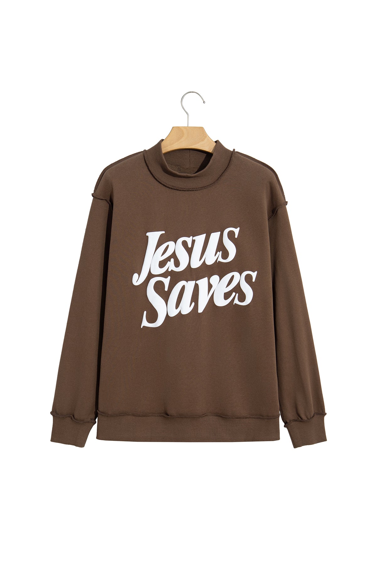Mist Blue Jesus Saves Slogan Print Stand Neck Baggy Sweatshirt