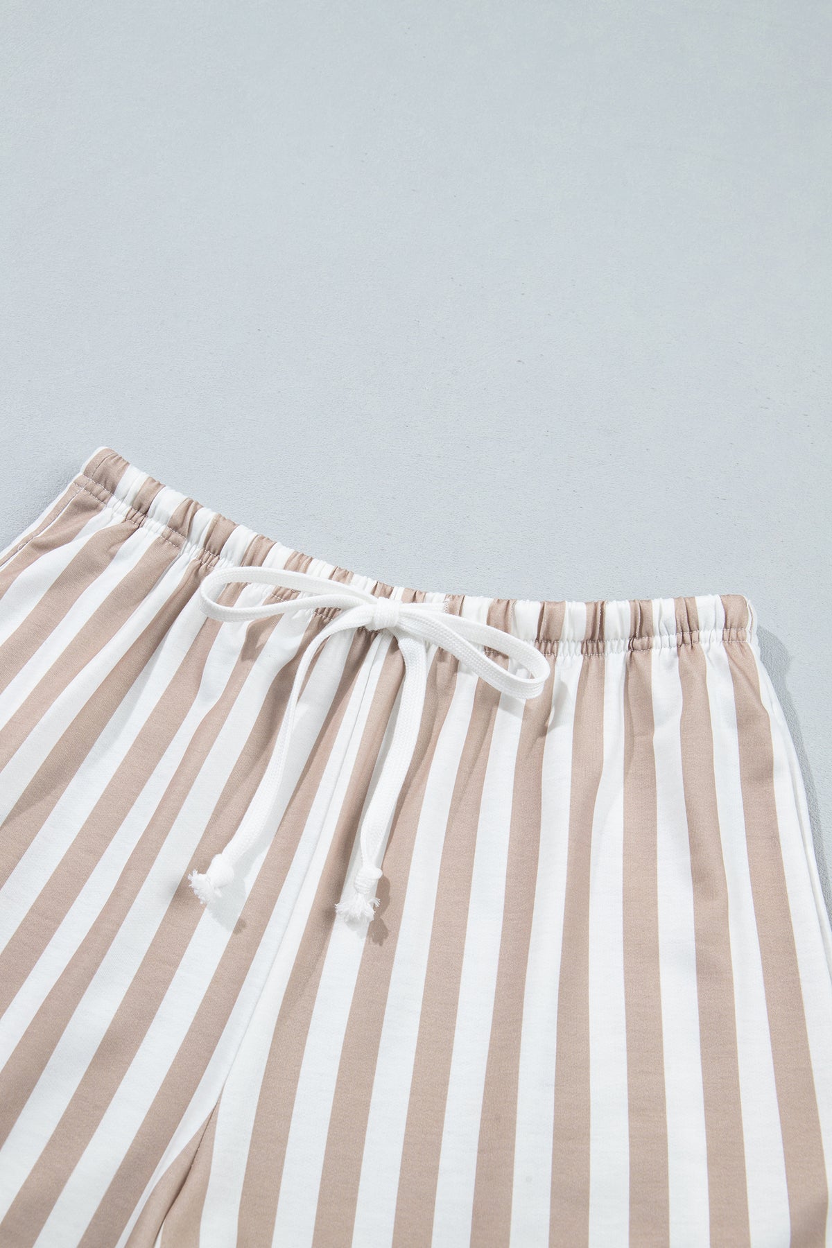 Smoke Green Striped Color Block Pullover Top Drawstring Shorts Set