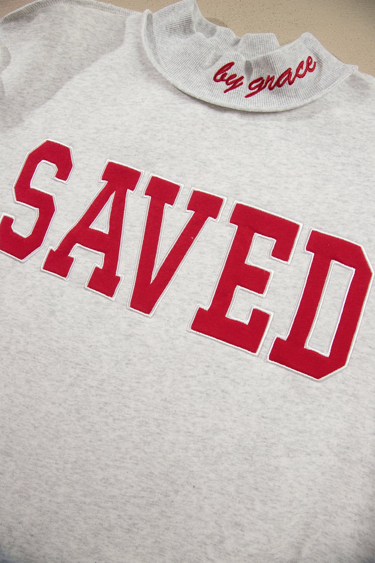 Gray Saved By Grace Embroidered Detail Letter Graphic High Neck Sweatshirt
