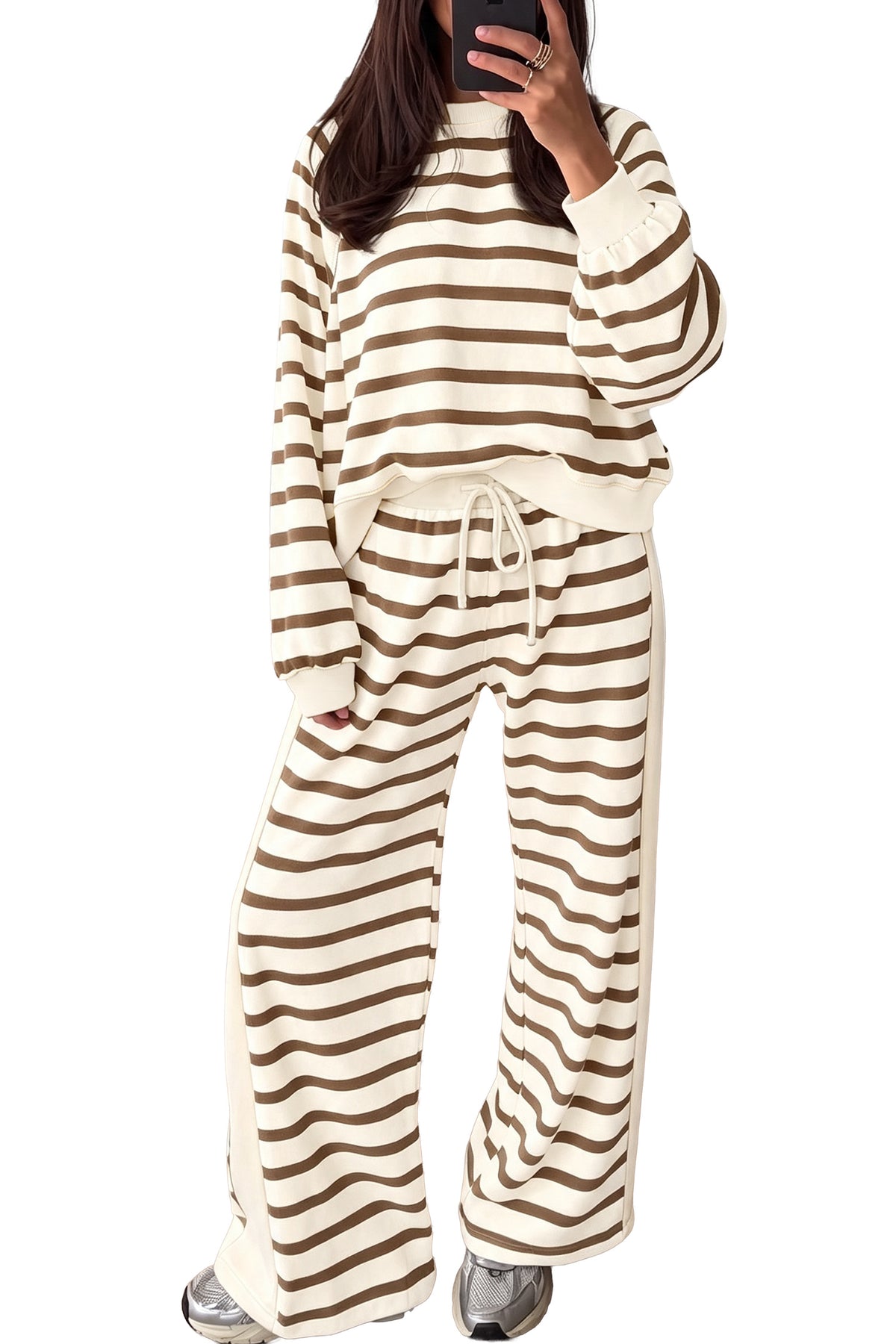 Beige Stripe Relaxed Long Sleeve Top Color Block Detail Drawstring Pant Set
