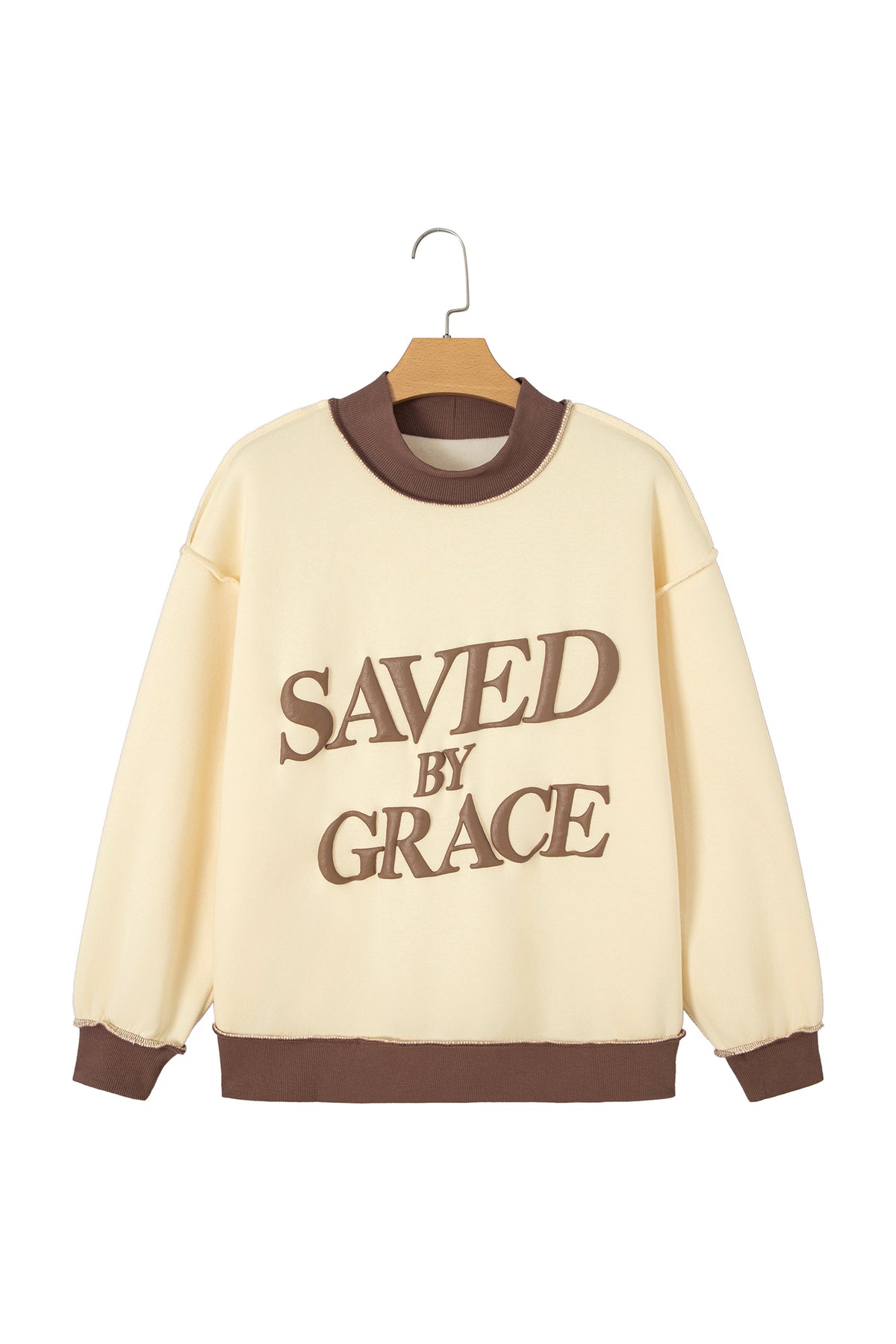 Beige Saved By Grace Print Color Block Mock Neck Oversized Sweatshirt